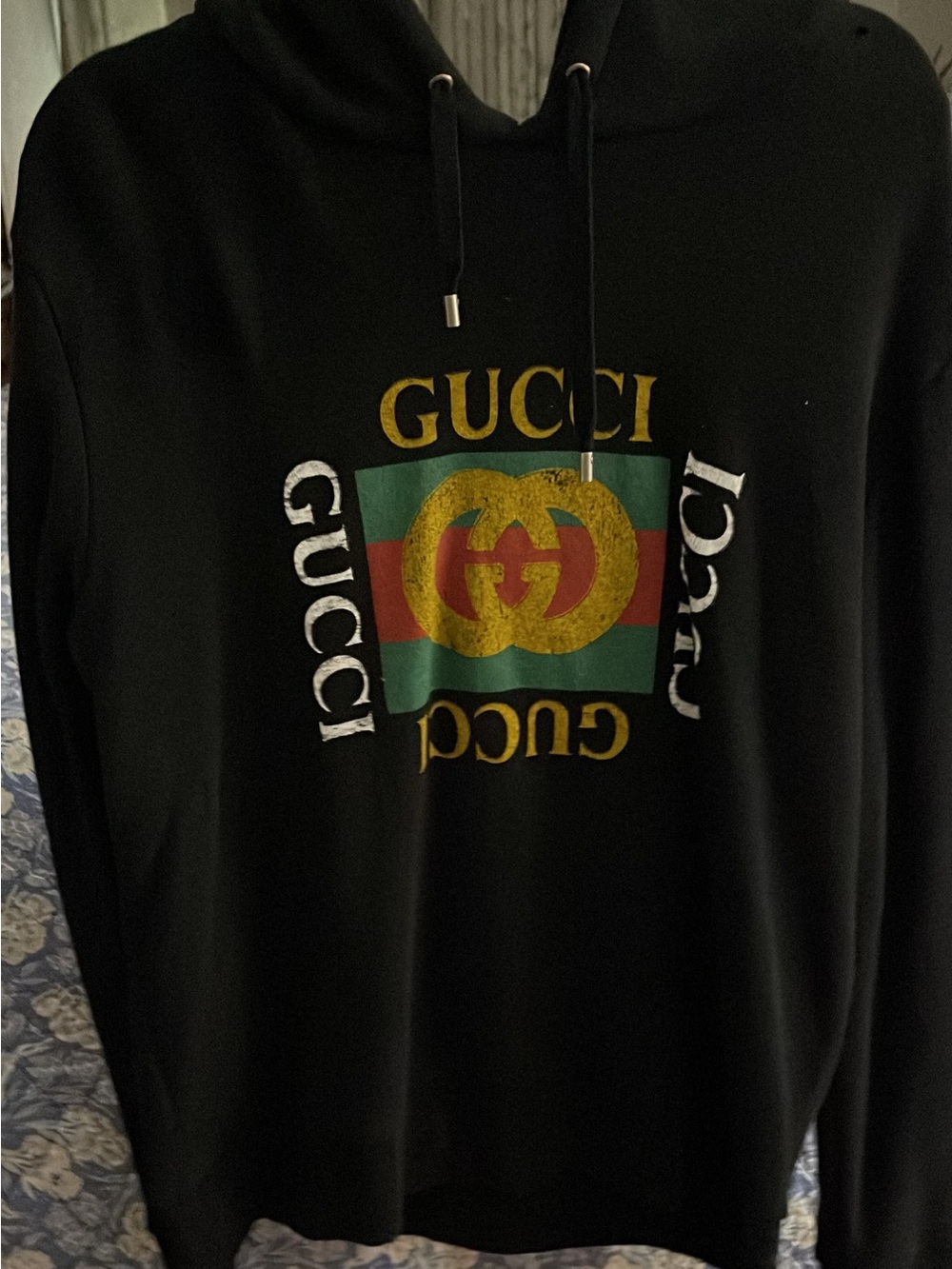 Gucci Black Hoodie with Green-Red Stripe and Gold Logo